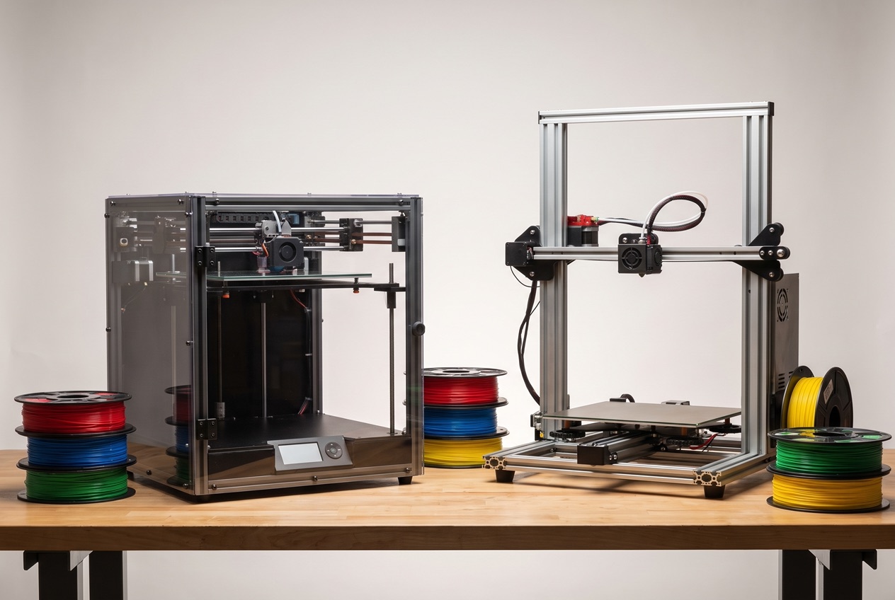 Verschiedene 3D-Drucker im Vergleich – ein geschlossenes CoreXY-Gerät und ein offener FDM-Drucker mit Filamentrollen