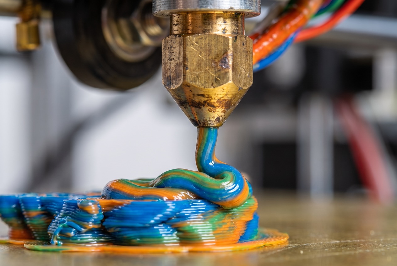 Nahaufnahme der Düse eines FDM-3D-Druckers, die geschmolzenes Filament Schicht für Schicht aufträgt