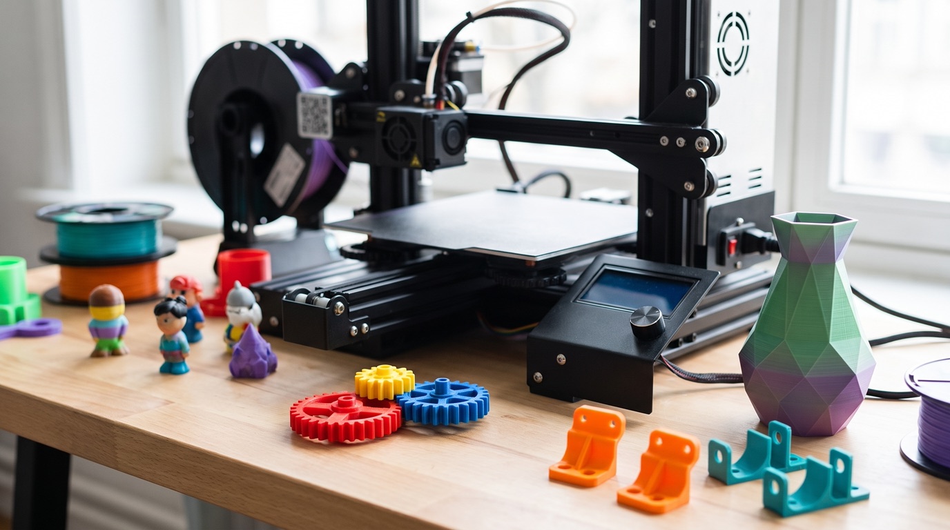 Fertig gedruckte 3D-Modelle aus buntem Filament neben einem 3D-Drucker auf einem Werktisch