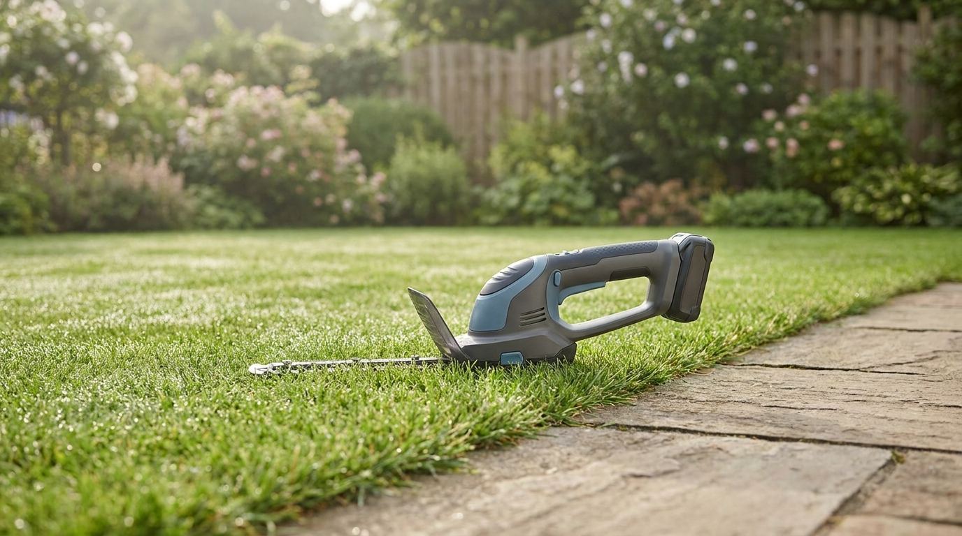 Akku-Grasschere liegt auf einer frisch geschnittenen Rasenkante neben einem Gartenweg
