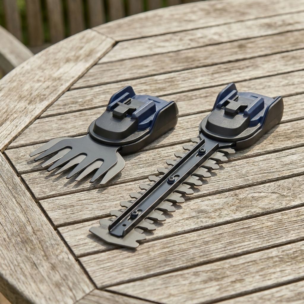 Grasscherblatt und Strauchschermesser einer Akku-Grasschere im Detail nebeneinander