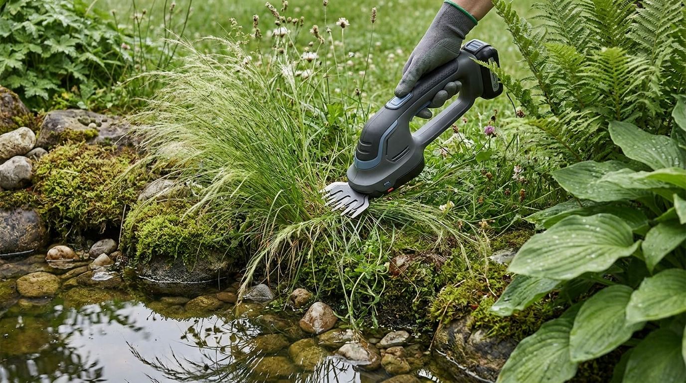 Akku-Grasschere beim Schneiden von Gräsern am Rand eines Gartenteichs