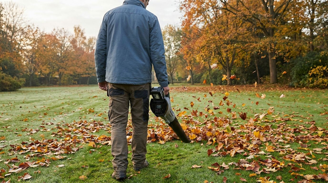 Akku Laubbläser im Einsatz in einem herbstlichen Garten mit aufgewirbeltem Laub