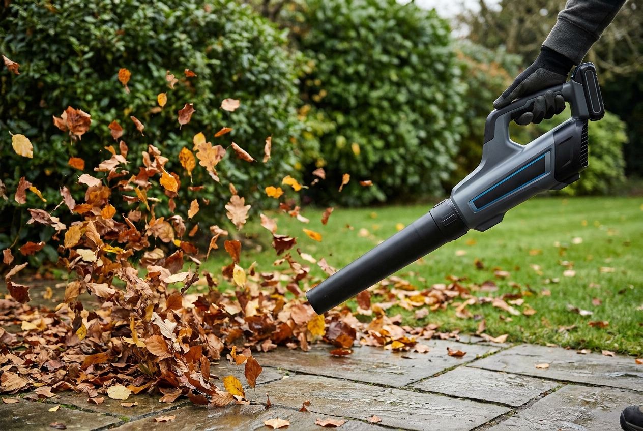Akku Laubbläser bläst trockenes Herbstlaub von einem gepflasterten Gartenweg