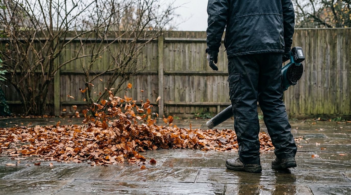 Nasses Herbstlaub wird mit einem Akku Laubbläser von einer Terrasse geblasen