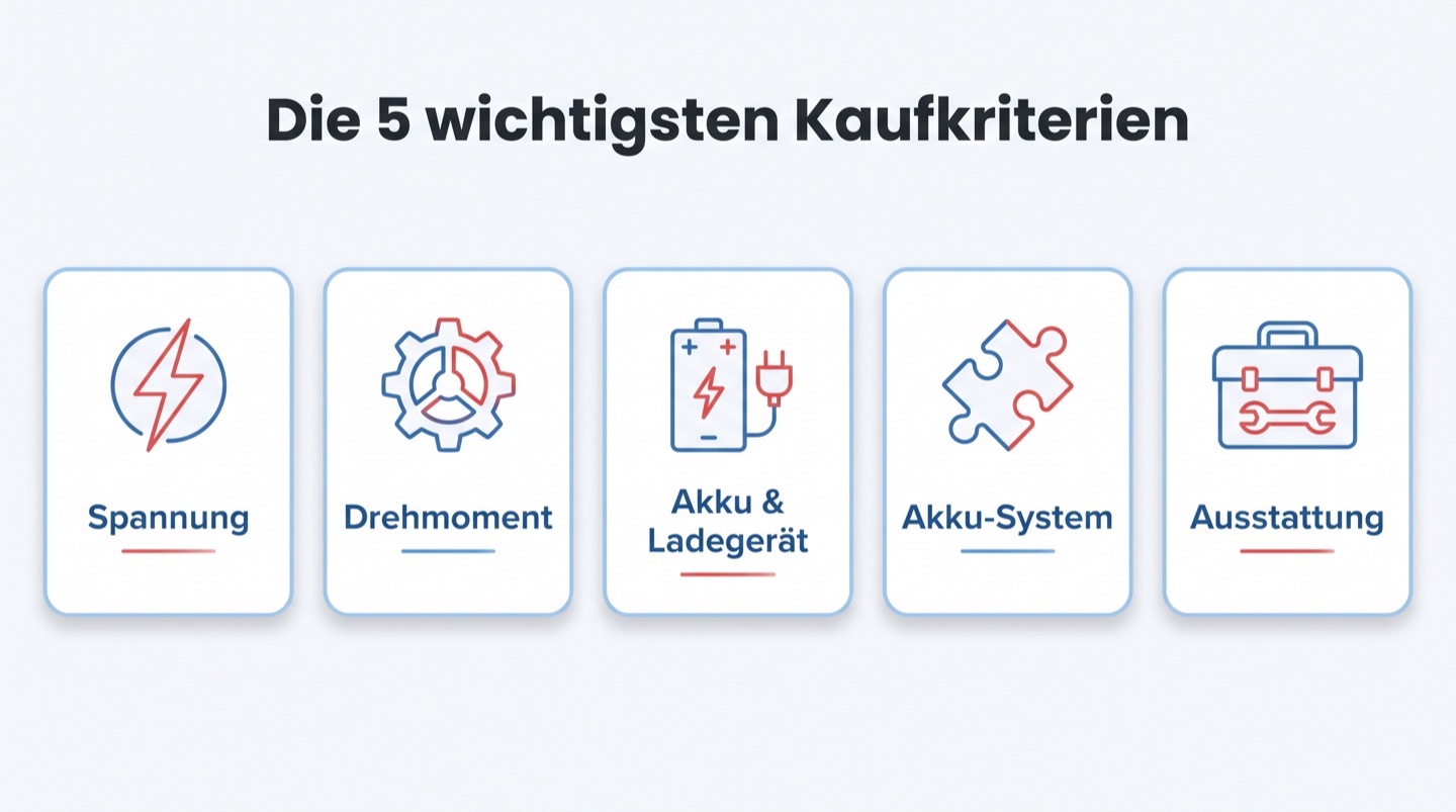 Infografik: Die fünf wichtigsten Kaufkriterien für einen Akkuschrauber im Überblick