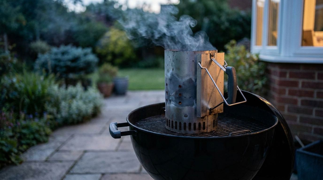 Anzündkamin aus Edelstahl steht auf dem Rost eines Kugelgrills im Garten