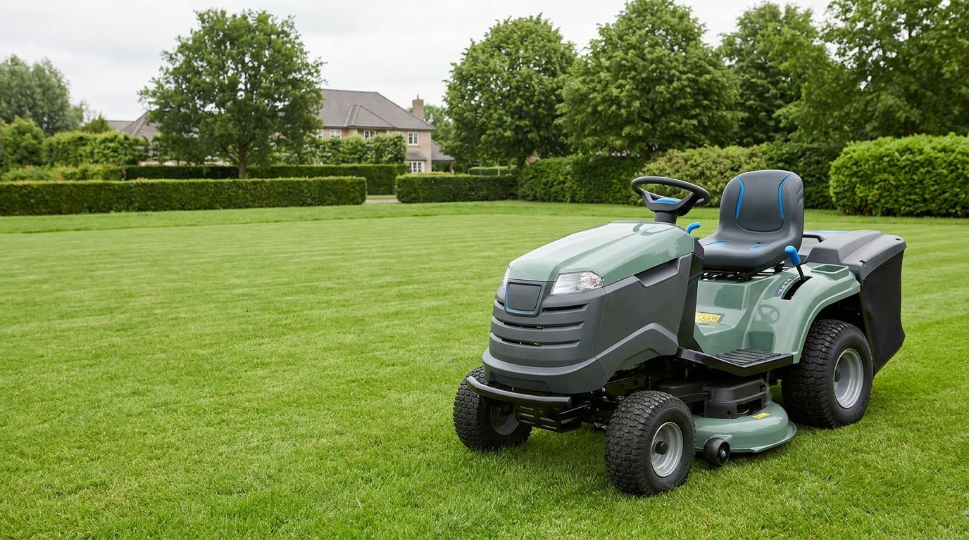 Aufsitzmäher am Rand einer großen frisch gemähten Rasenfläche in einem weitläufigen Garten