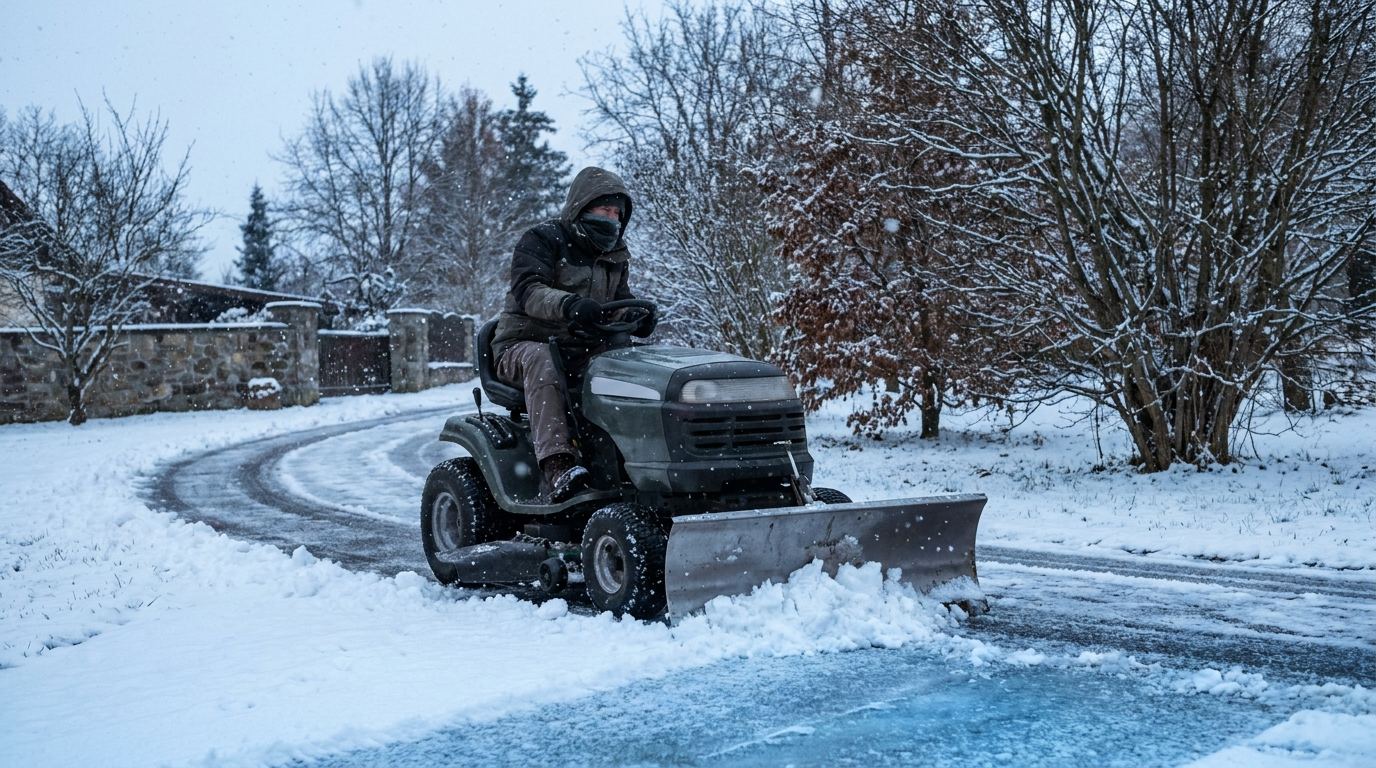 Rasentraktor mit Schneeschild räumt im Winter eine verschneite Einfahrt