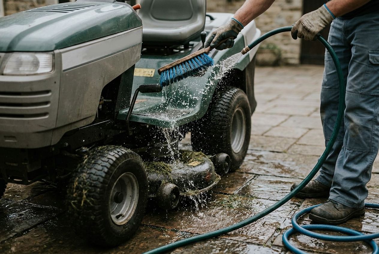 Aufsitzmäher wird mit Gartenschlauch und Bürste auf einer gepflasterten Fläche gereinigt