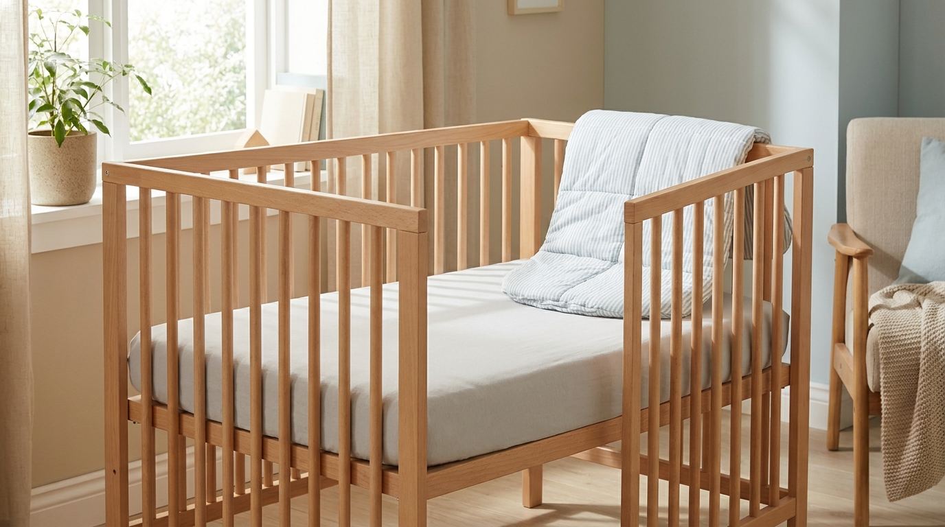 Helles Babyzimmer mit einem Holzgitterbett und einer schlichten Babymatratze mit atmungsaktivem Bezug