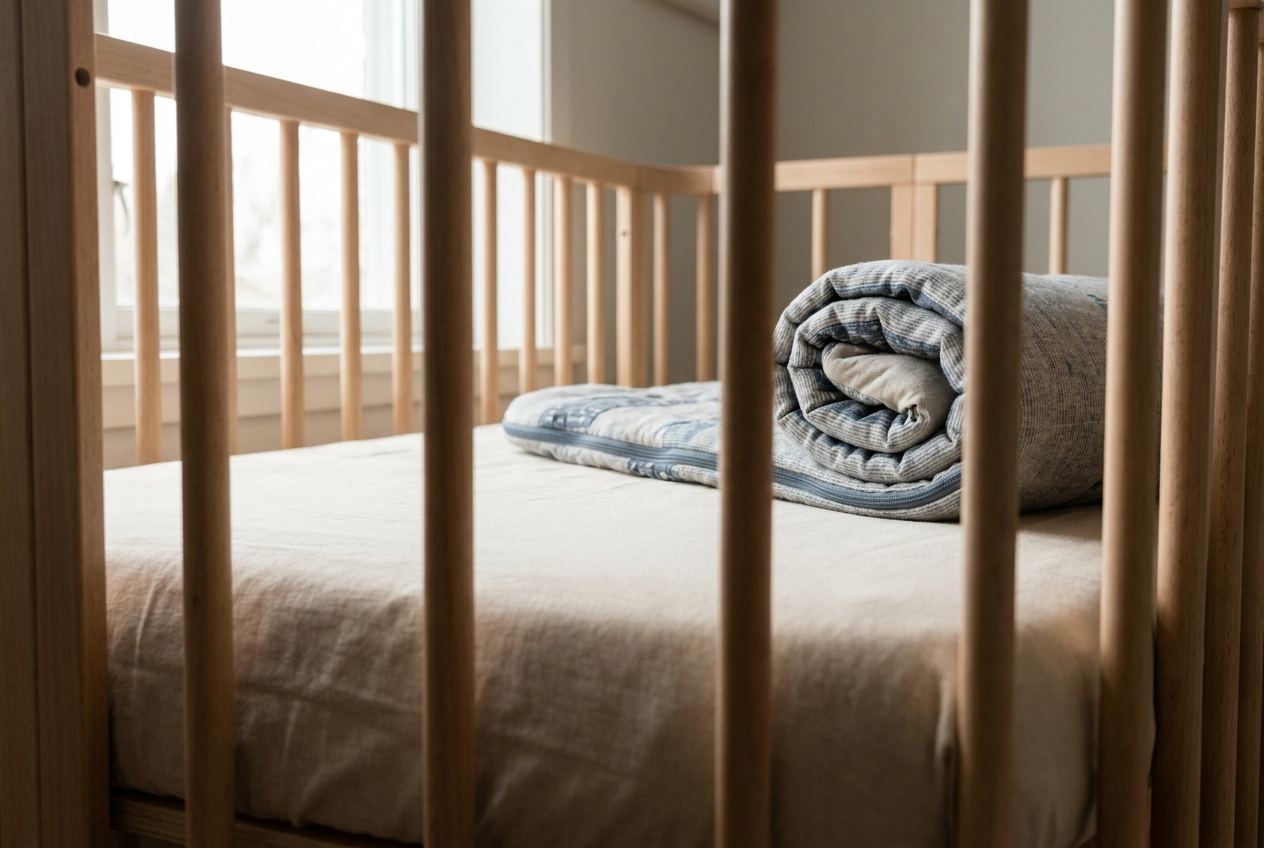 Leere Babymatratze im Gitterbett mit hellem Baumwollbezug und Schlafsack, aufgenommen durch die Bettstäbe
