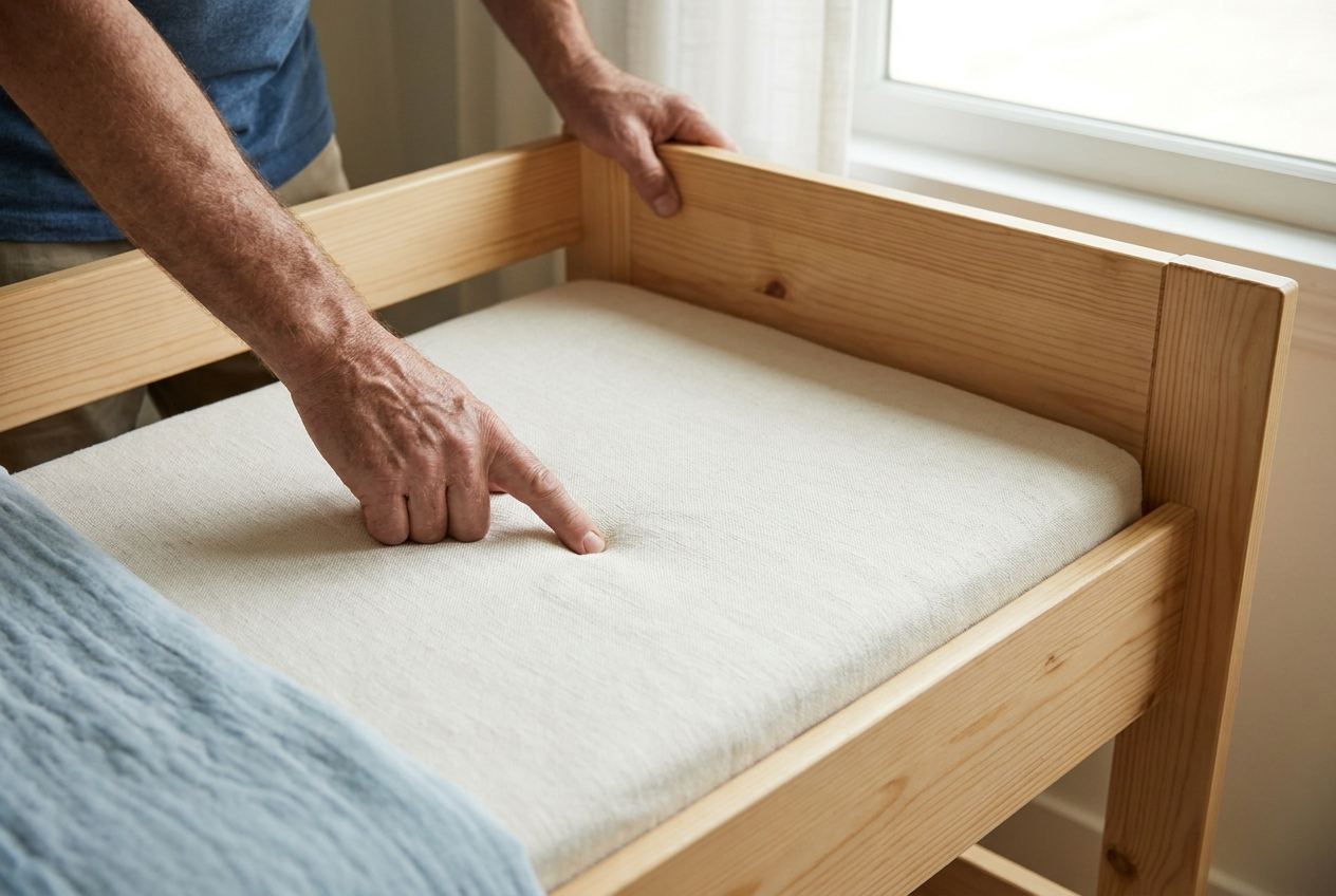 Hände drücken prüfend auf eine Babymatratze im Gitterbett, um Härte und Nachgiebigkeit zu testen