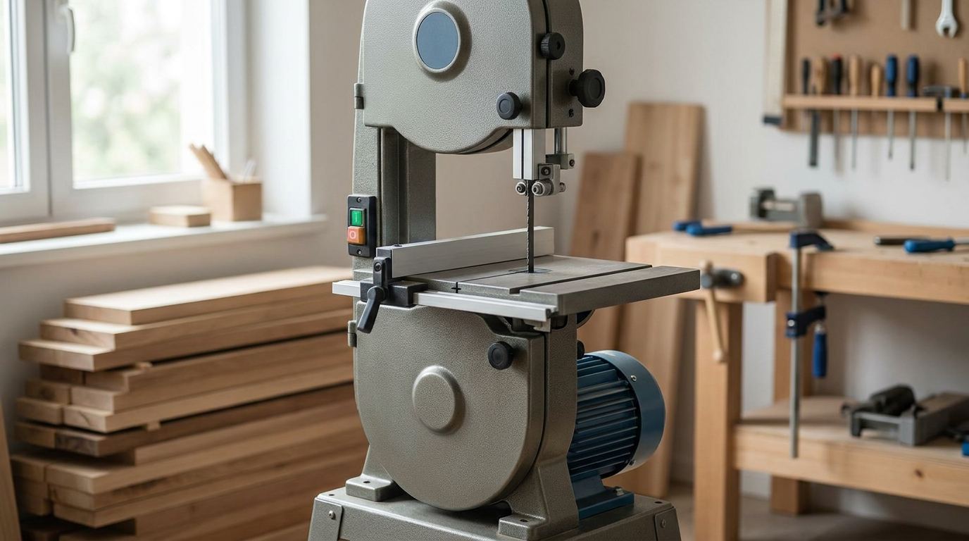 Stationäre Bandsäge in einer aufgeräumten Hobbywerkstatt