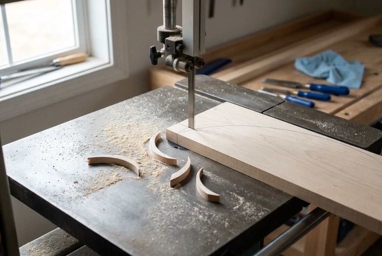 Bandsäge sägt eine geschweifte Form aus einem Holzbrett