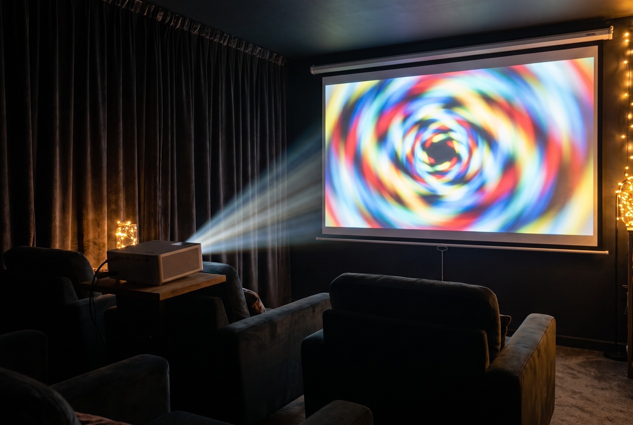 Beamer projiziert ein großes, scharfes Filmbild auf eine Leinwand in einem abgedunkelten Heimkino
