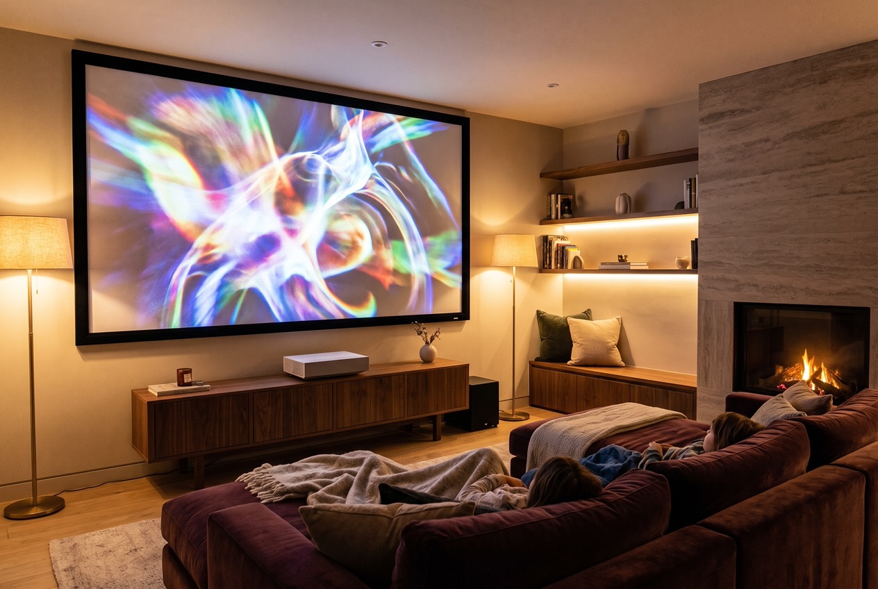 Heimkino mit Beamer, großer Leinwand und kontrastreichem, farbstarkem Filmbild im abgedunkelten Raum