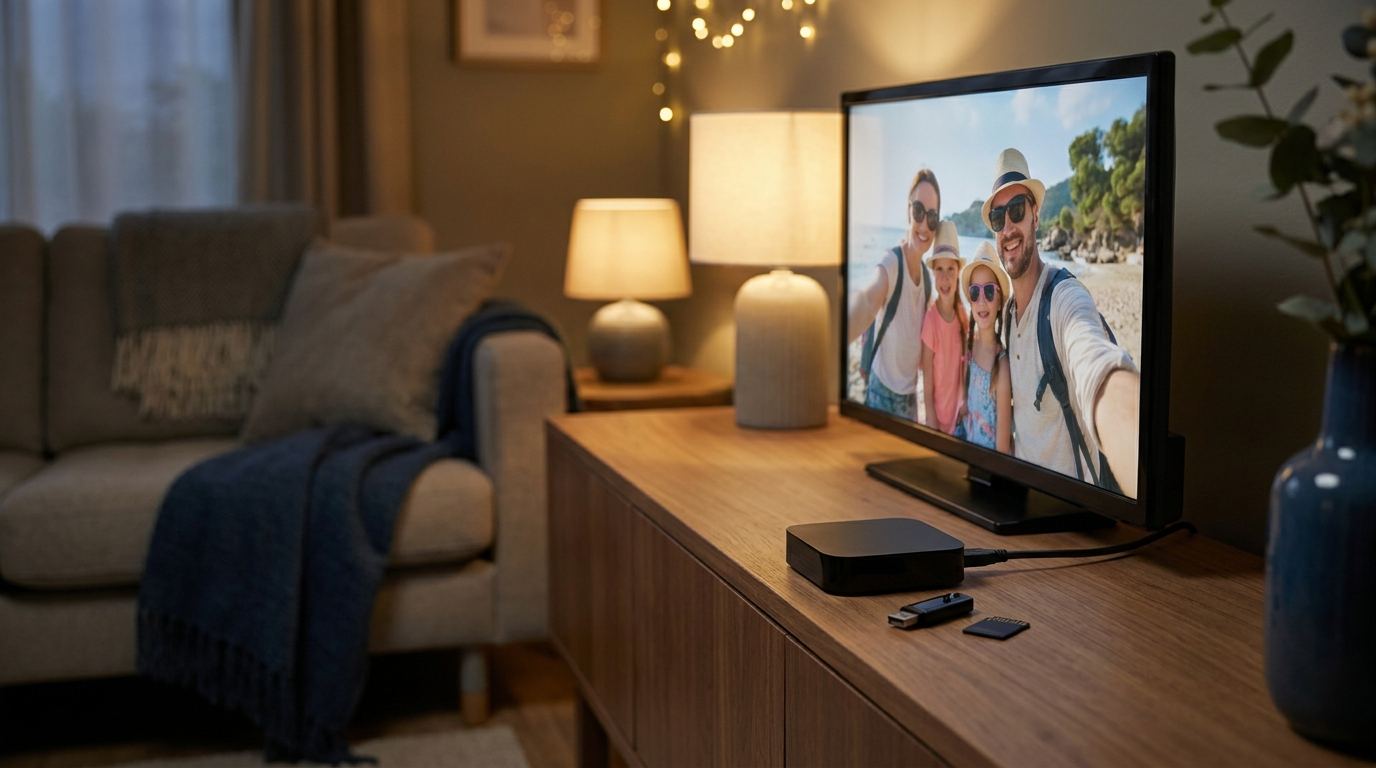 Kompakter Mediaplayer neben dem Fernseher im abendlichen Wohnzimmer