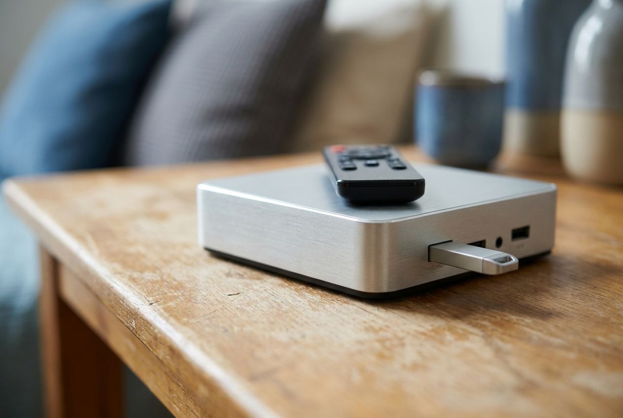 Kompakter Mediaplayer aus Aluminium mit Fernbedienung und USB-Stick