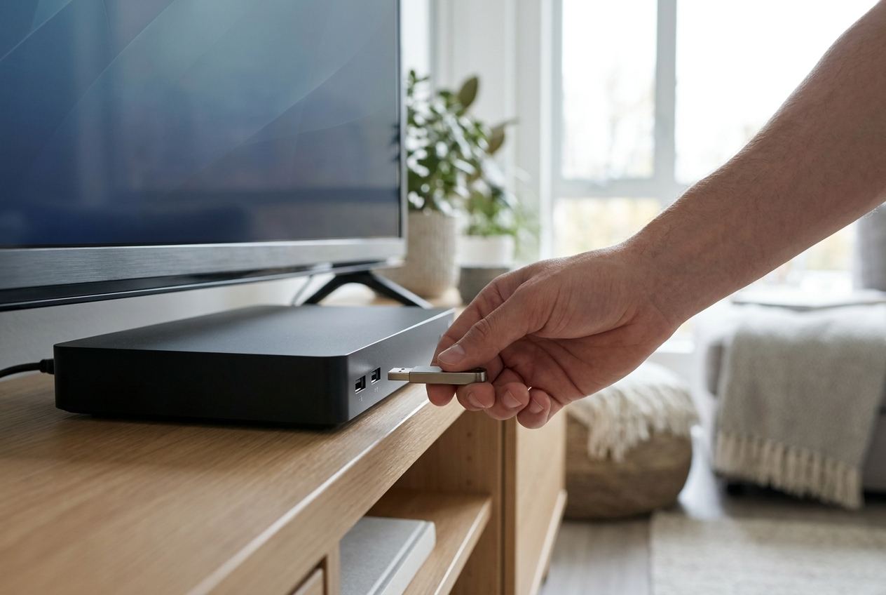 USB-Stick wird in den Mediaplayer unter dem Fernseher gesteckt