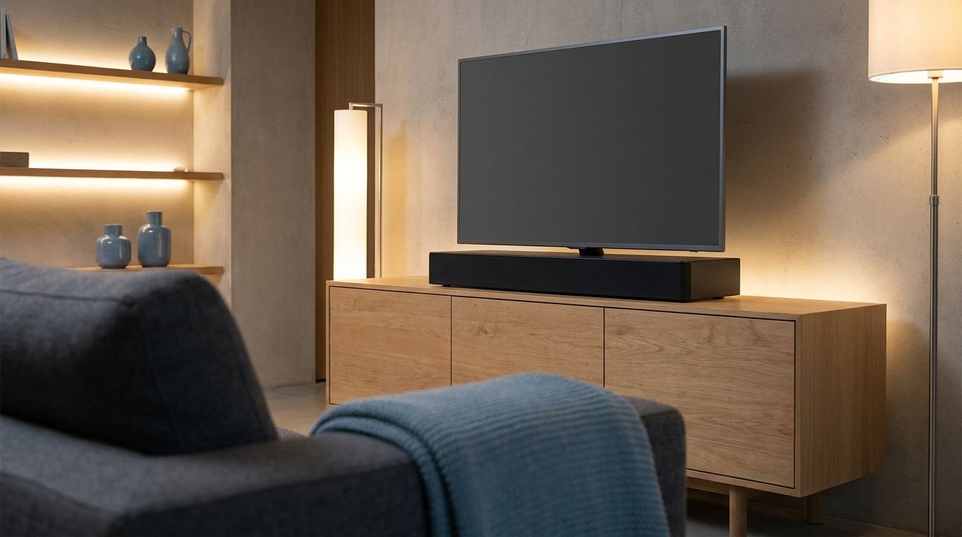 Fernseher steht auf einem Sounddeck im Wohnzimmer