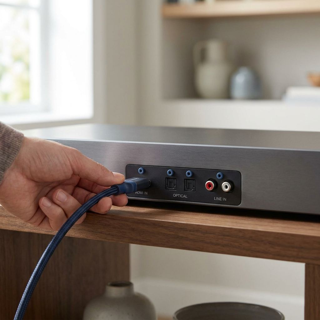 Anschlussfeld auf der Rückseite eines Sounddecks mit HDMI und optischem Eingang