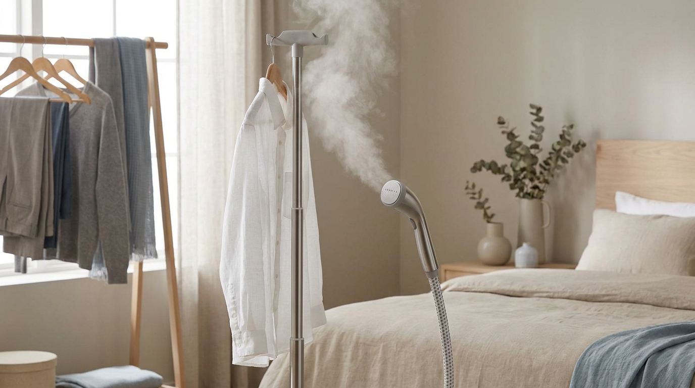 Dampfglätter mit Teleskopstange und aufgehängtem weißen Hemd in einem hellen Schlafzimmer