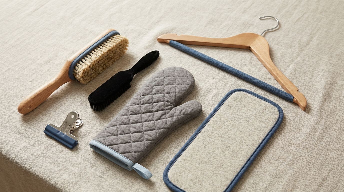 Zubehör eines Dampfglätters: Bürste, Hosenclip, Handschuh, Kleiderbügel und kleines Bügelbrett