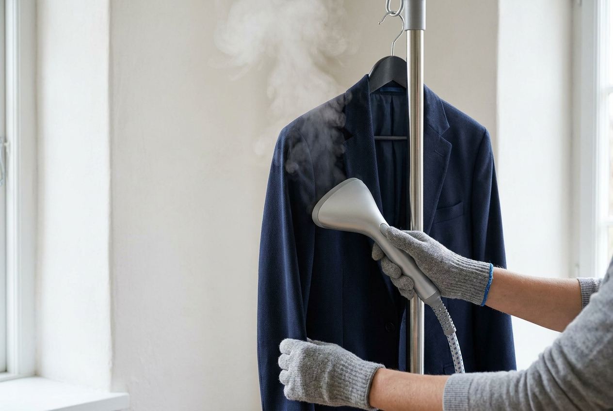 Hände führen die Dampfdüse eines Dampfglätters über einen hängenden Blazer
