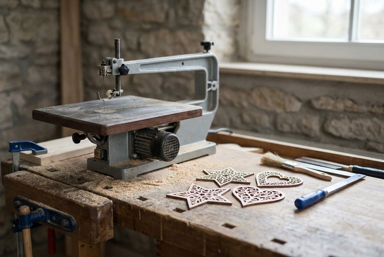 Dekupiersäge mit ausgesägten Sperrholz-Motiven auf der Werkbank