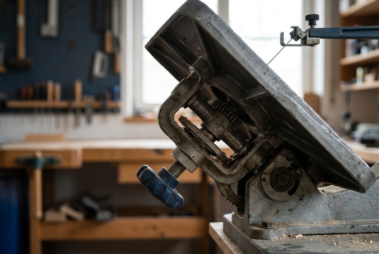Neigbarer Sägetisch einer Dekupiersäge mit Verstellmechanik