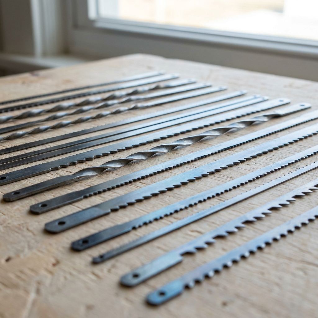 Verschiedene Sägeblätter für die Dekupiersäge nebeneinander