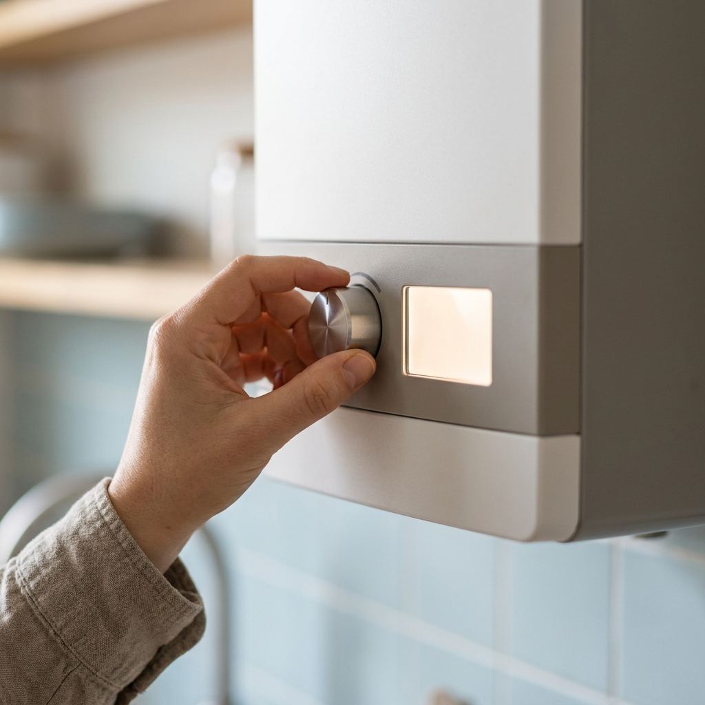 Nahaufnahme der Temperatureinstellung an einem Durchlauferhitzer mit Digitaldisplay