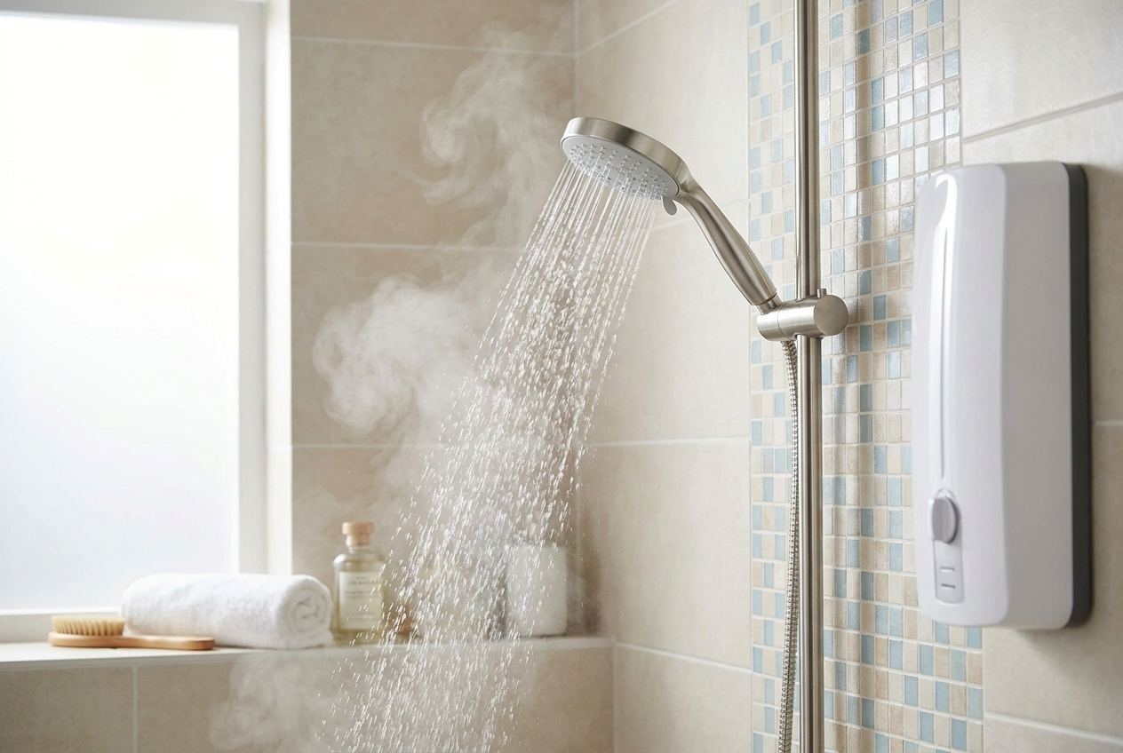 Laufende Dusche mit warmem Wasser in einem Bad mit Durchlauferhitzer