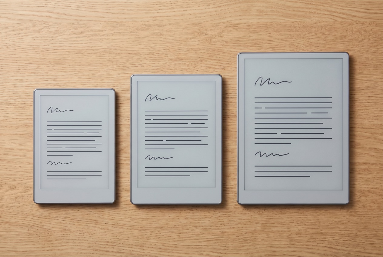 Verschiedene eBook-Reader im Vergleich nebeneinander mit E-Ink-Display und aufgeschlagenem Text