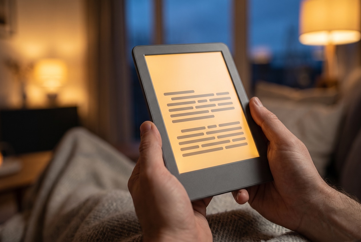 eBook-Reader mit beleuchtetem E-Ink-Display beim Lesen in der Abenddämmerung, warmes Licht