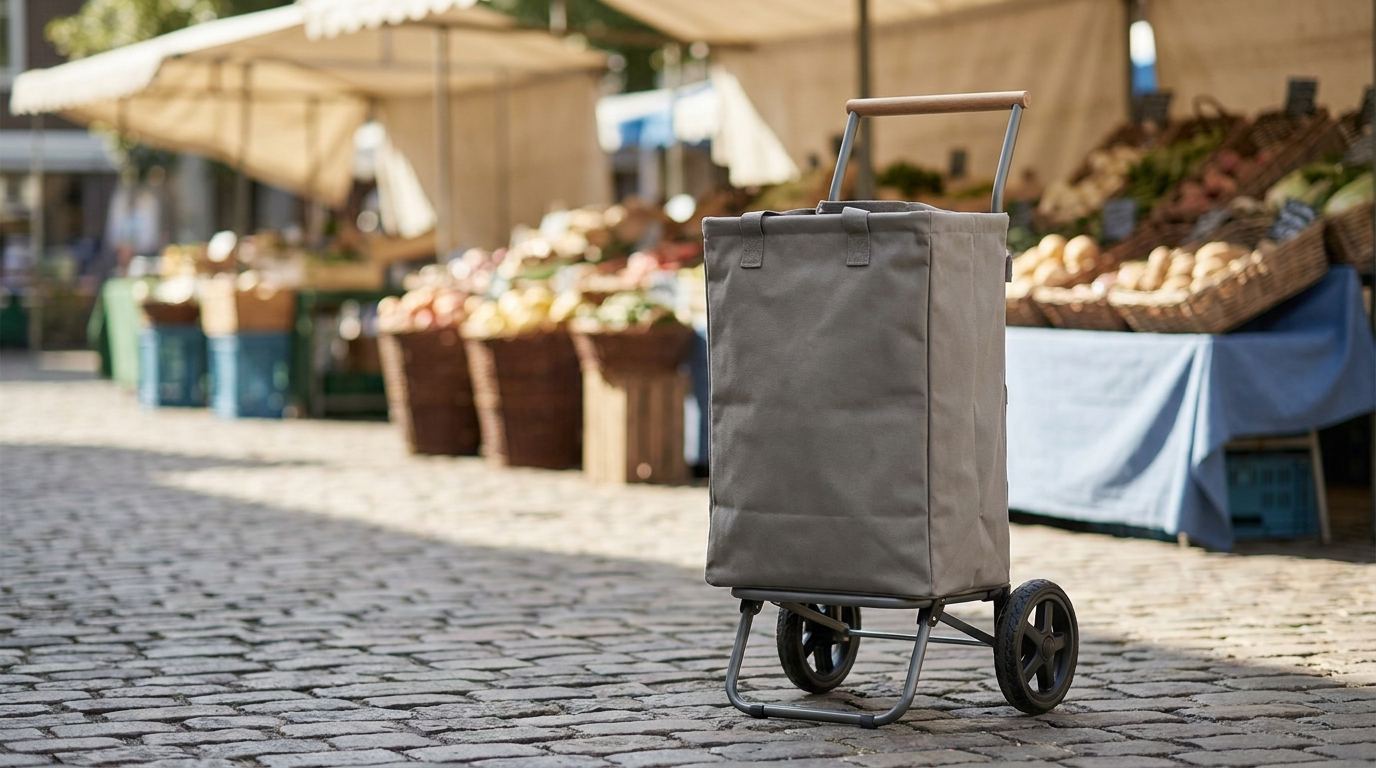 Zweirädriger Einkaufstrolley steht auf einer Kopfsteinpflasterstraße neben einem Wochenmarkt.