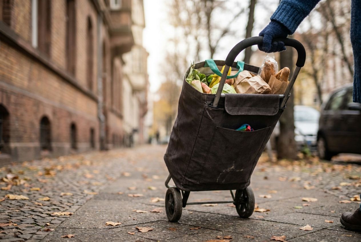 Hand zieht einen beladenen Einkaufstrolley über einen Gehweg in der Stadt.