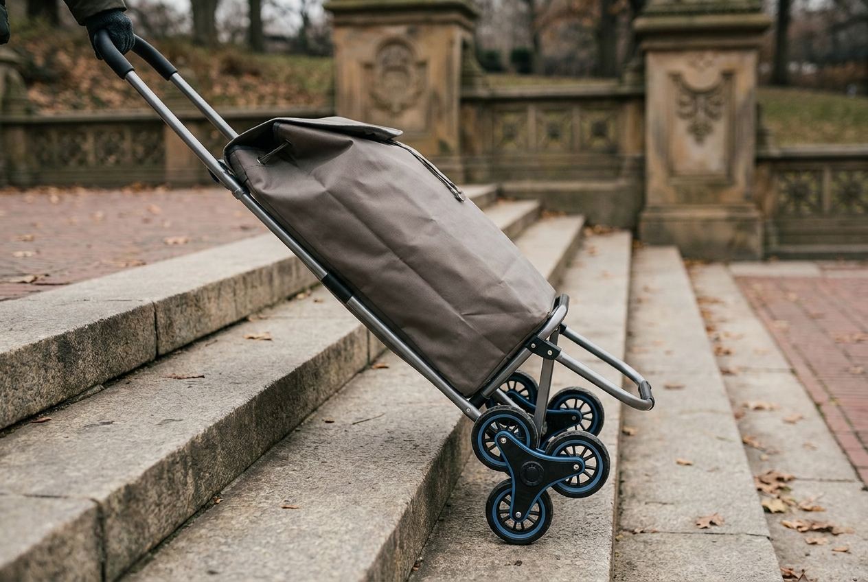 Sechsrädriger Treppensteiger-Einkaufstrolley auf einer Betontreppe.