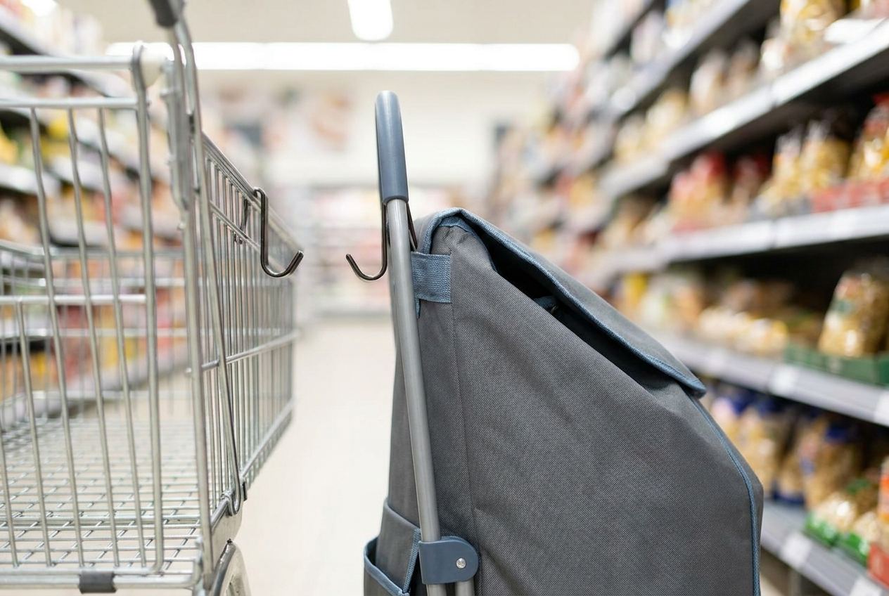 Einkaufstrolley hängt mit zwei Haken am Einkaufswagen im Supermarkt.