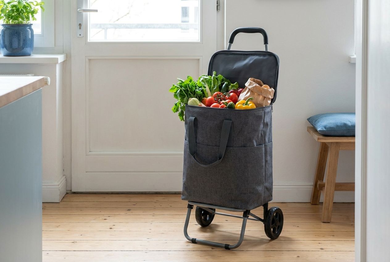Geöffnete Einkaufstrolley-Tasche gefüllt mit frischen Lebensmitteln steht auf dem Küchenboden.