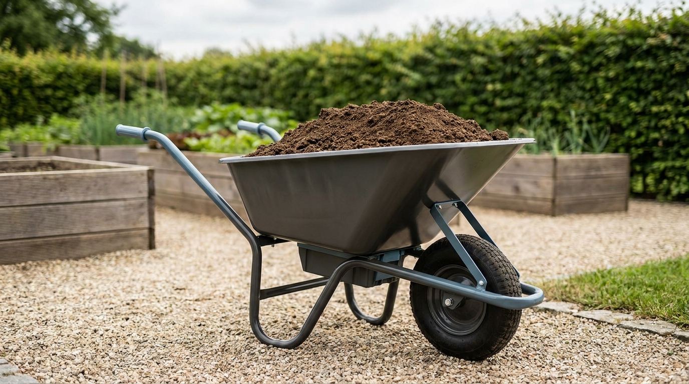 Elektroschubkarre mit gefüllter Metallmulde auf einem Kiesweg im Garten