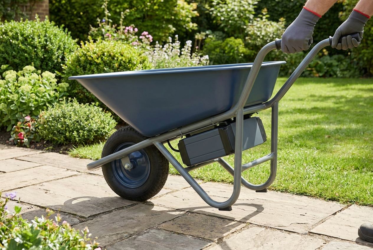 Elektroschubkarre mit einem Rad wird über einen Gartenweg geschoben