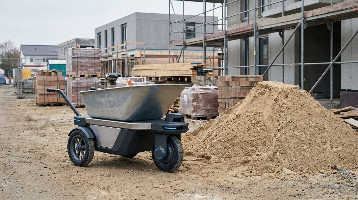 Selbstfahrende Motorschubkarre mit drei Rädern und großer Kippmulde auf einer Baustelle