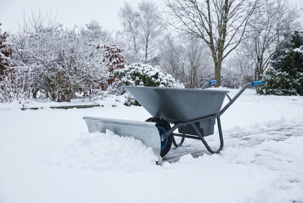 Elektroschubkarre mit montiertem Schneeschild räumt eine verschneite Einfahrt