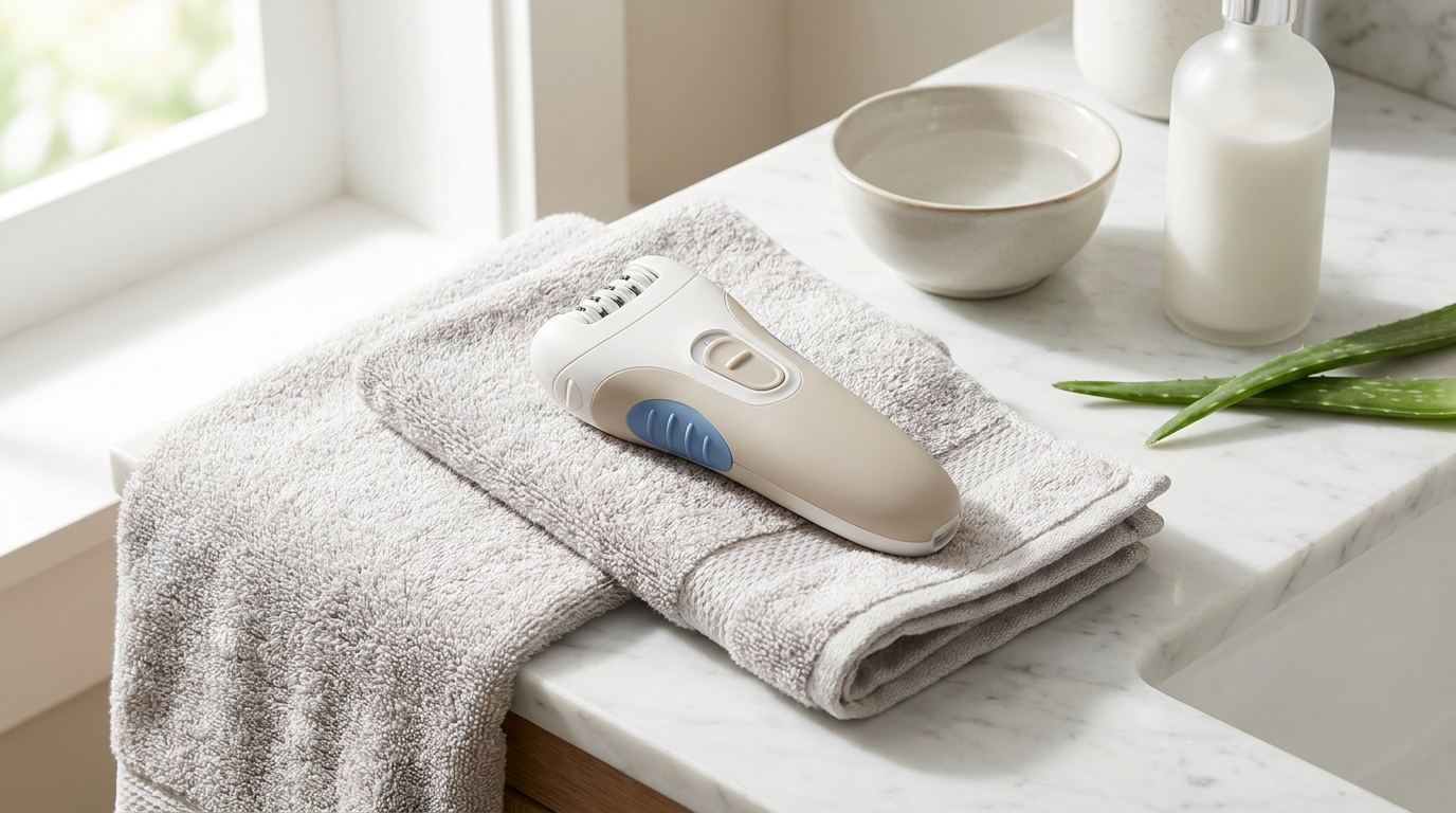 Akku-Epilierer auf einem Handtuch neben Wasserschale und Pflegeprodukten in einem hellen Badezimmer