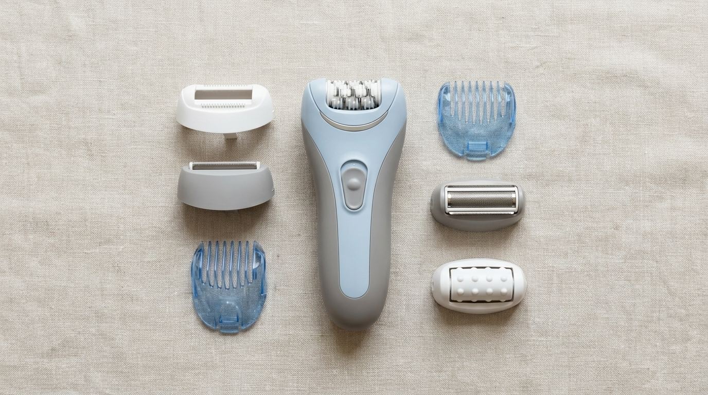 Epilierer mit verschiedenen Aufsätzen wie Trimmerkamm, schmalem und breitem Epilierkopf und Massageaufsatz
