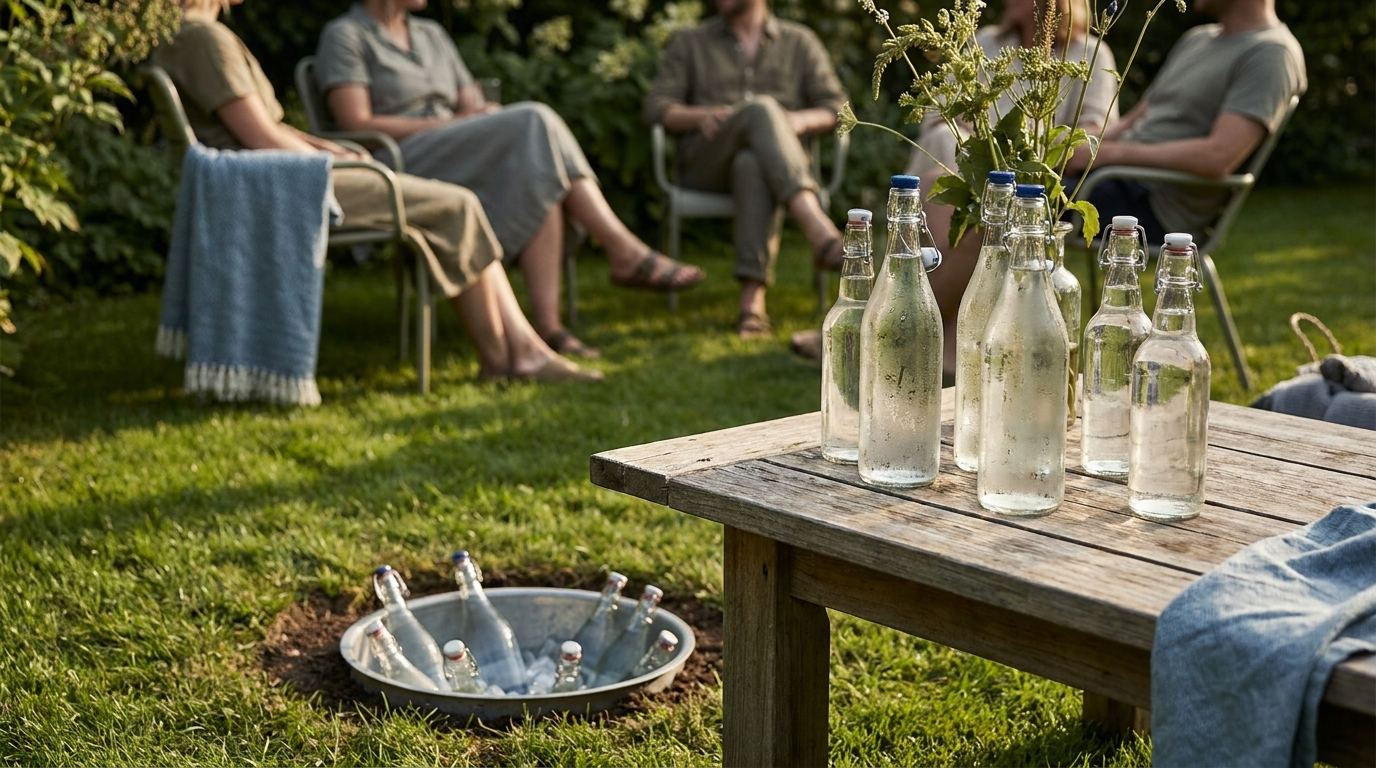 Gartenparty mit kühlen Flaschen auf dem Tisch und geöffnetem Erdloch Bierkühler im Rasen