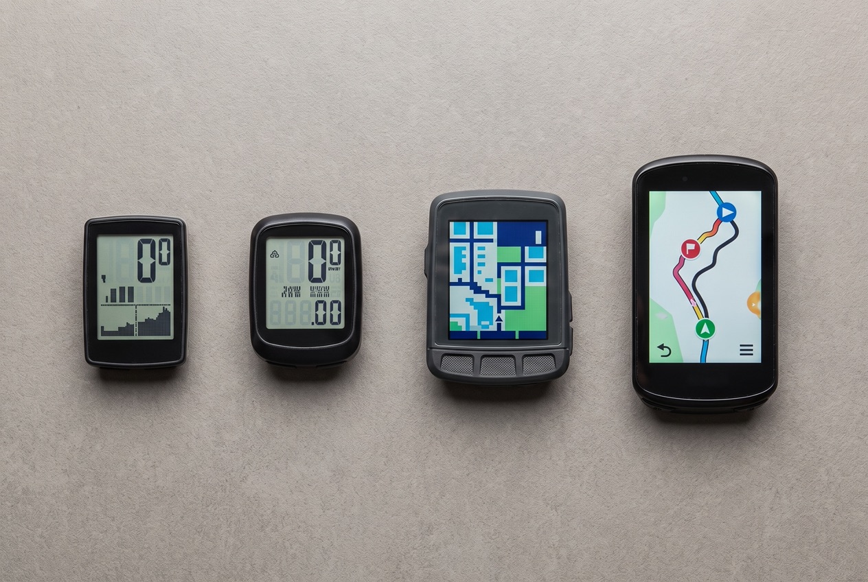 Mehrere Fahrradcomputer nebeneinander mit unterschiedlich großen Displays, teils Farbdisplay, teils einfaches Display