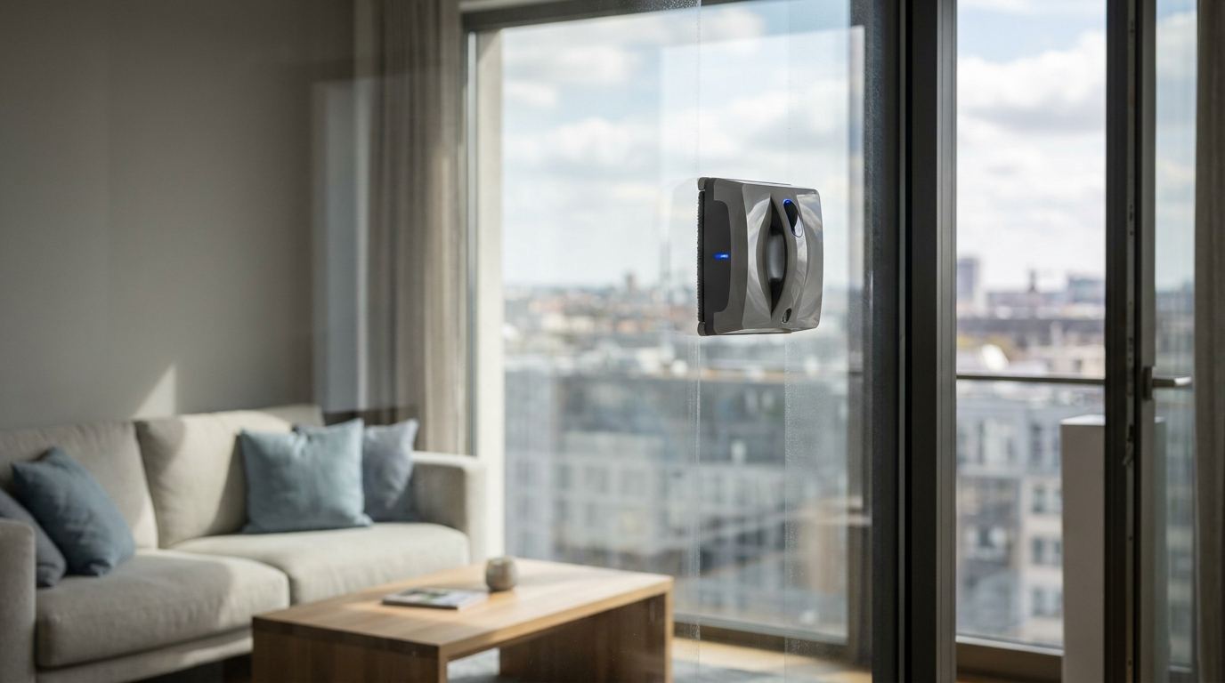 Fensterputzroboter reinigt eine bodentiefe Glasfront in einem hellen Wohnraum